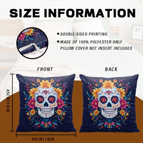 Sugar Skull Throw Pillow Covers 18x18 Inch - Set of 4 Floral Sofa Cases