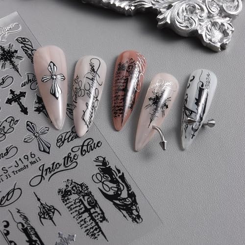 Gothic Cross Nail Stickers Black and Gold Self-Adhesive Decals 4 Sheets