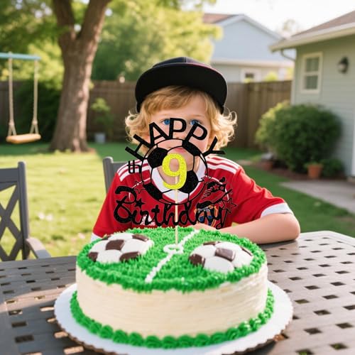 Soccer Ball Cake Topper for 9th Birthday - Black Glitter Decoration