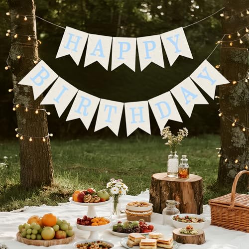 Blue Burlap Happy Birthday Banner Sign for Wall & Door Decoration - No Assembly Needed