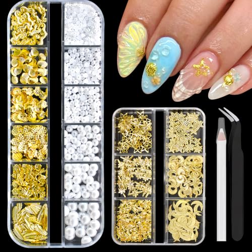 3D Metal Nail Art Studs Ocean Theme Gold Charms with Tools 2 Boxes