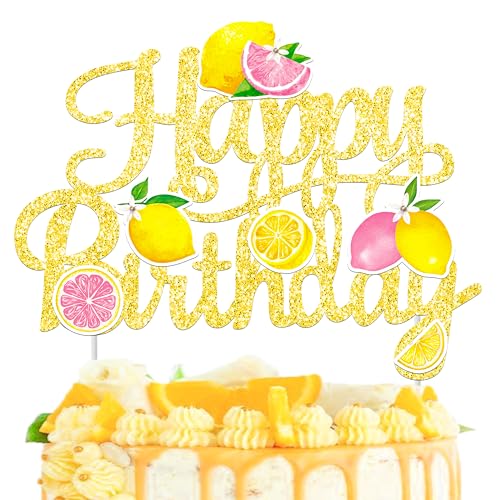 Glitter Lemon Happy Birthday Cake Topper - Summer Fruit Party Decoration