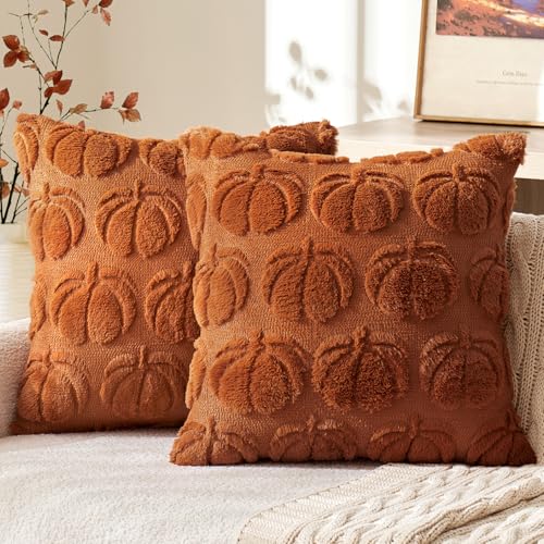 MIULEE Fall Pumpkin Pillow Covers 18x18, Dark Rust Faux Fur (Set of 2)
