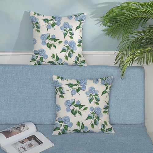 GOLIANDA Hydrangea Floral Linen Pillow Covers 18x18, Set of 2, Blue Green