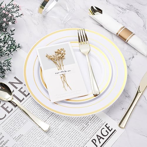 Gold Plastic Dinnerware Set for 75 Guests - 525 Pieces, Disposable & Elegant