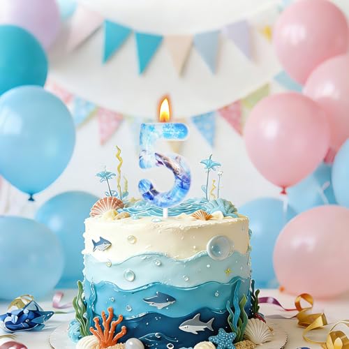 Candoll Shark Number 5 Birthday Candle - Blue Cake Topper Decoration