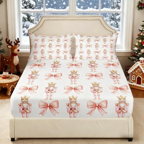 Pink Bowknot Fitted Sheet Twin Size - Cartoon Nutcracker Kids Bedding Set with Pillowcase - Golden Pink Variation