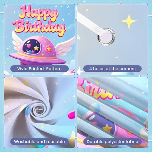 Pink Space Birthday Backdrop Galaxy Planet Rocket Party Banner 35x70