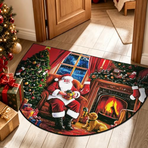 Christmas Entryway Rug 2x3 Half Circle Santa Claus Door Mat - Red, Washable, Non Slip