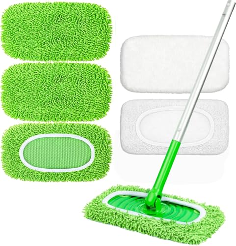 5 Pack Reusable Microfiber & Chenille Mop Pads for Wet & Dry Floor Cleaning
