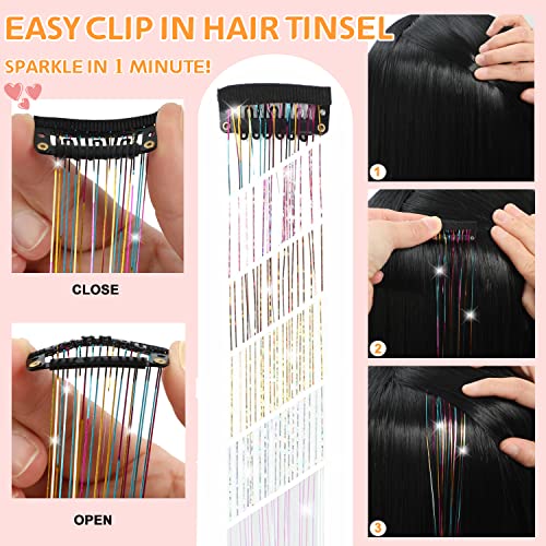 Clip in Hair Tinsel Extensions 23.6 Inch 12 Pcs Gold Fairy Hair Sparkle Kit