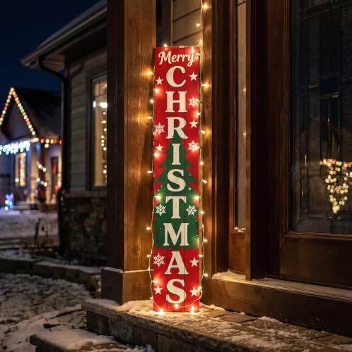 Vertical Merry Christmas Porch Sign - Rustic Wooden Xmas Standing Sign - 47.2 Inches - Xmas-2026