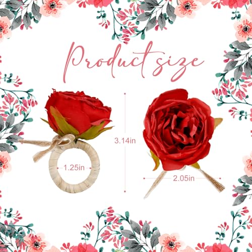 Red Handmade Flower Napkin Rings Set of 6 with Jute Bow for Summer Wedding Party