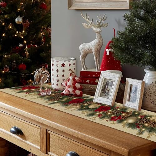 Christmas Poinsettia & Pinecones Table Runner - Holiday Decor, 13 x 72 Inch, Variation of THIS listing