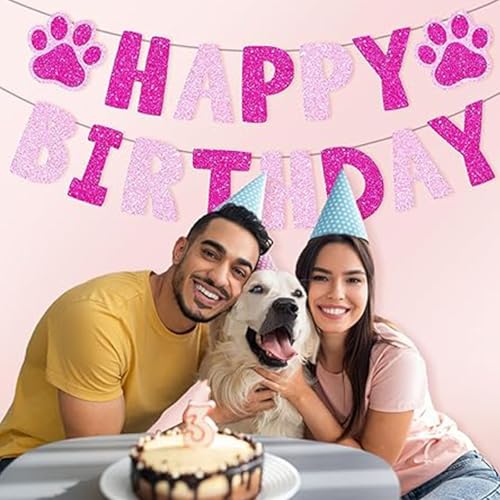 Pink Paw Dog Birthday Banner - Glitter Pet Party Decoration (Pink1)