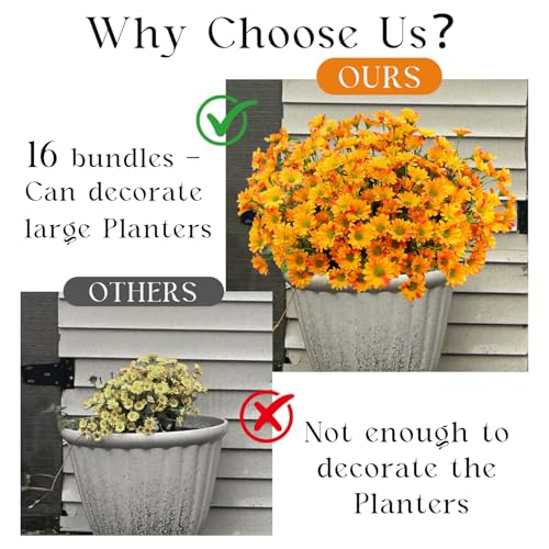FOUSUKA 16 Bundles Orange Silk Daisy Artificial Flowers Outdoor UV Resistant Plant Decor