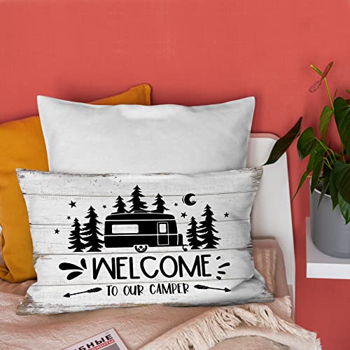 Rustic Welcome to Our Camper Throw Pillow Cover, 12x20 Inch Farmhouse Decor
