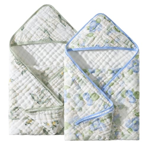 Baby Hooded Towel 2 Pack - Floral & Blueberry, Ultra Absorbent Muslin - 32x32 Inches