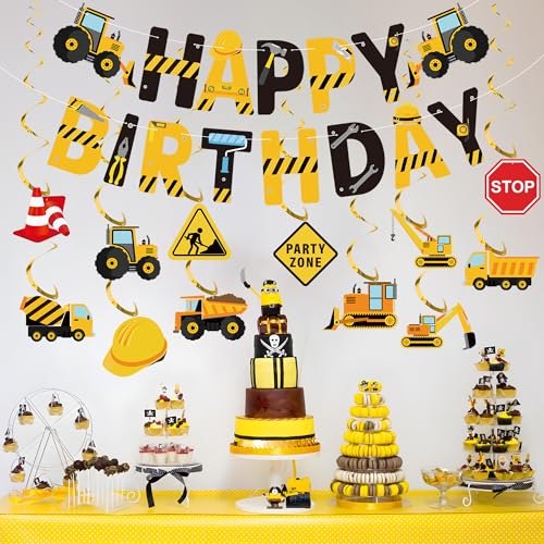Construction Birthday Party Decorations - 27 Pcs Happy Birthday Banner & Hanging Swirls