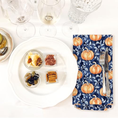 Navy Blue & Orange Pumpkin Kitchen Towels - 16x24 Decorative Hand Towels