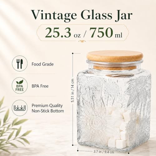 Storageasy Vintage Sunflower Glass Storage Jar - 25.3 FL OZ Square Container