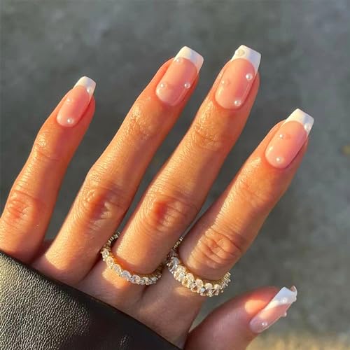 White French Tip Press On Nails Medium Square Glossy False Nails with Pearl Designs