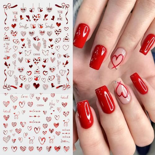 Valentine's Day 3D Self-Adhesive Heart Nail Stickers - 12 Sheets