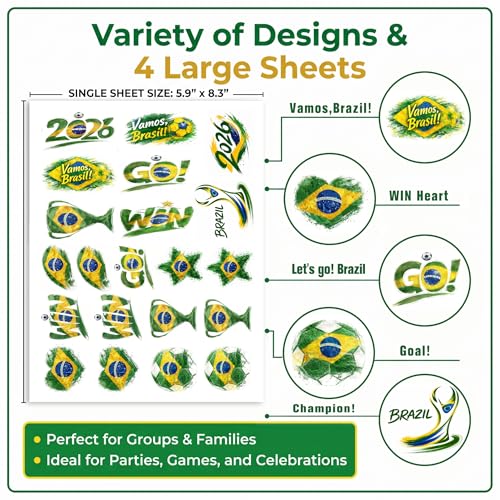 Brazil Flag Temporary Tattoo Set Waterproof Body Art 4 Sheets