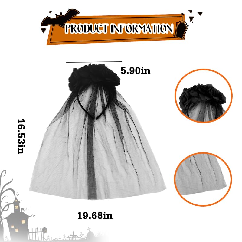Halloween Floral Headband with Veil Gothic Black Flower Hair Piece