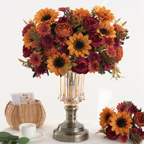 Fall Artificial Sunflower Peony Bouquet Set - 2 Pcs for Autumn Decor