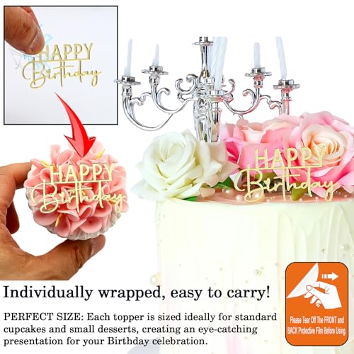 Gold Mirror Acrylic Happy Birthday Cupcake Toppers - 12 Pack, 2.63 x 1.57 in