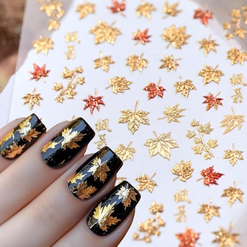 5D Embossed Autumn Maple Leaves Nail Stickers Gold Thanksgiving Decals