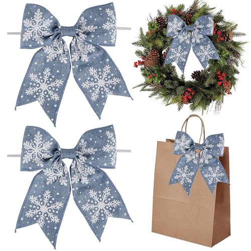 Dusty Blue Christmas Bows for Wreaths 6-Inch Snowflake Burlap Gift Wrap Decorations - 12 Pcs