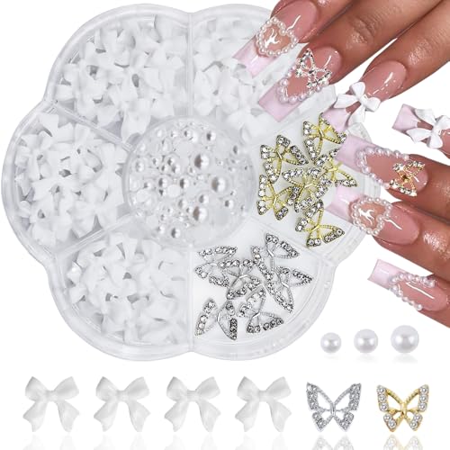 Qdsuh 3D Bow & Butterfly Nail Charms with Pearls Manicure Kit