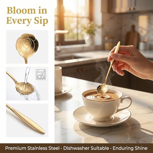 Gold Rose Iced Tea Spoons Set of 4 - Long Handle Stainless Steel