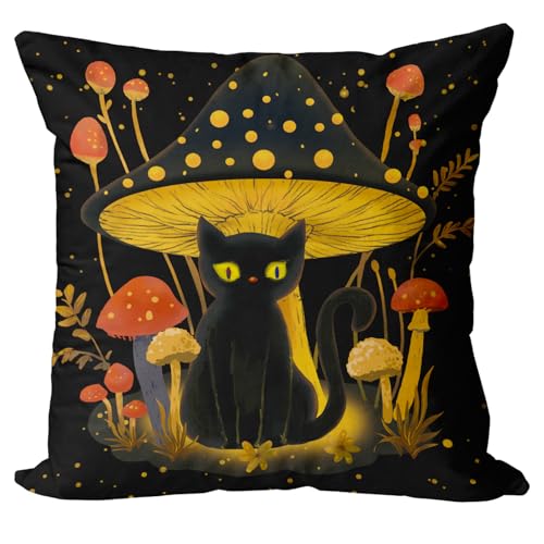Whimsical Mushroom & Black Cat Pillow Cover - 18x18 Inch Cushion Case for Sofa & Bed