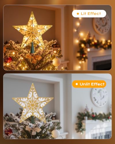 Pvc Gold Star Tree Topper with Built-in 10 Bulb String Lights - Silver Glitter Christmas Star with 3D Design, Indoor Holiday Decoration