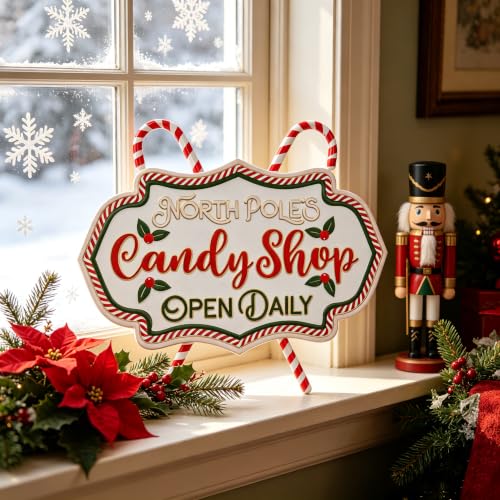 Christmas Metal Wall Sign Candy Shop Xmas Front Door Hanger Decor Holiday Indoor Outdoor 15.75x13.58 - Candy Shop Variation