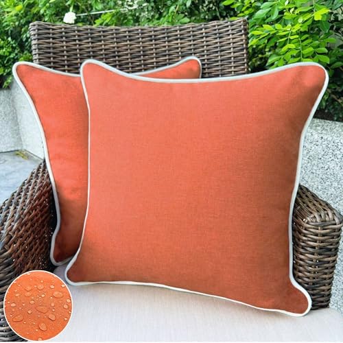 HER HWA Outdoor Throw Pillow Covers 18x18 Inches Set of 2 White Piping Orange