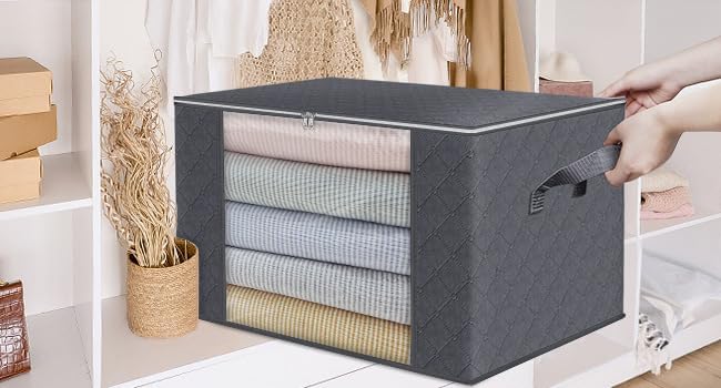 Skiennix Large Clothes Storage Bags - 4 Pack Foldable Organizers with Clear Window for Blankets & Seasonal Clothing | Gray