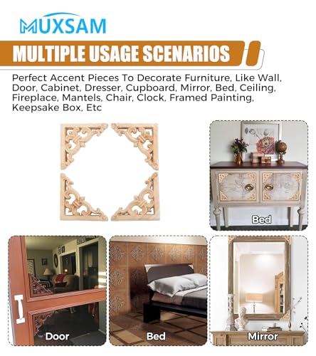 MUXSAM 4Pcs Wood Carved Appliques Onlays - Unpainted Wooden Corner Decals for Furniture, Cabinets, and Walls (8x8cm)