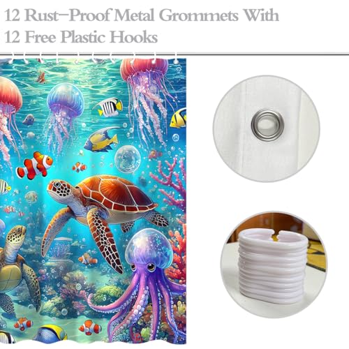 Waterproof Jellyfish Turtle Shower Curtain - Ocean Theme 72x72