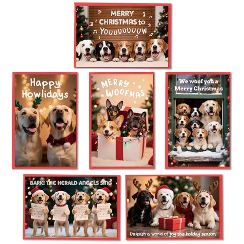 Dog Christmas Cards Set with Envelopes and Stickers - 6 Festive Designs