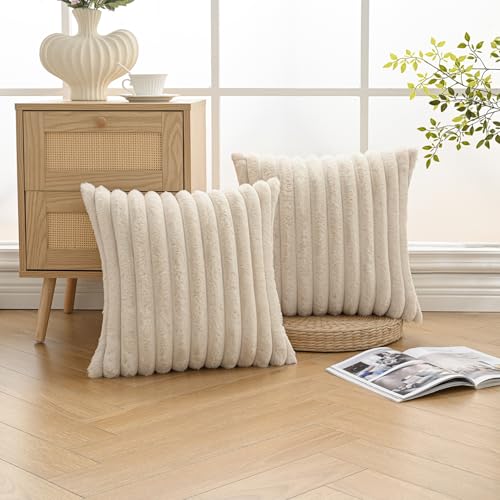 Volcanics Set of 2 Beige Faux Fur Throw Pillow Covers 18x18