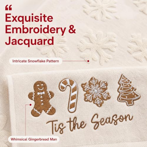 Christmas Hand Towels Set - Grey Snowflake & Embroidered Snowman, 2 Pack, Cotton, Beige Gingerbread Man Variation