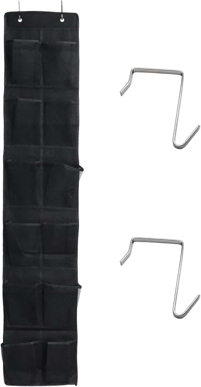 Over The Door Shoe Organizer - 12 Mesh Pockets With 4 Metal Hooks | Stylish Black Design