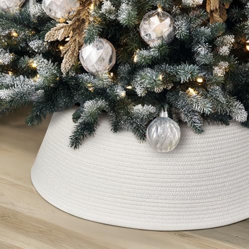 White Christmas Tree Collar 28 Inch Woven Cotton Rope Farmhouse Holiday Decor