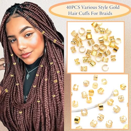 VENOFEN 40PCS Gold Hair Cuffs for Dreadlocks & Braids - Adjustable Metal Alloy Hair Rings