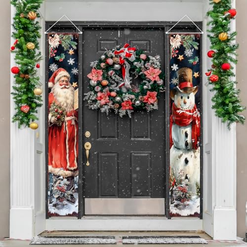 Retro Christmas Door Banner Set - Santa & Snowman Decoration
