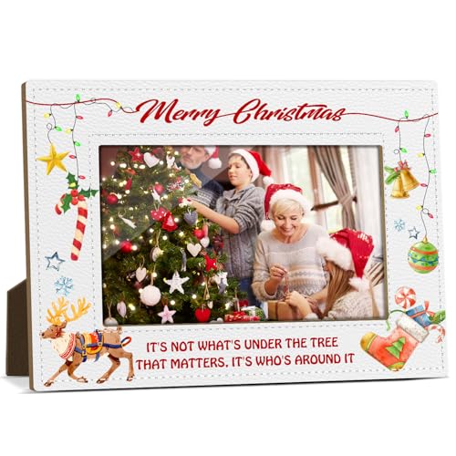 White Leather Christmas Picture Frame 4x6 Inch Snowflake Reindeer Holiday Decor